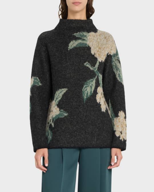 Brushed Floral Jacquard Funnel-Neck Sweater