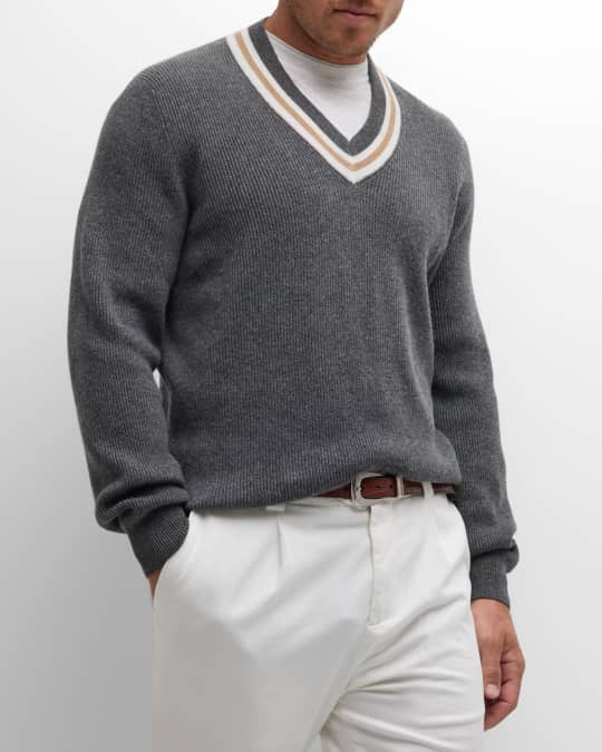 Brunello Cucinelli Men's Cashmere Varsity Stripe V-Neck Sweater
