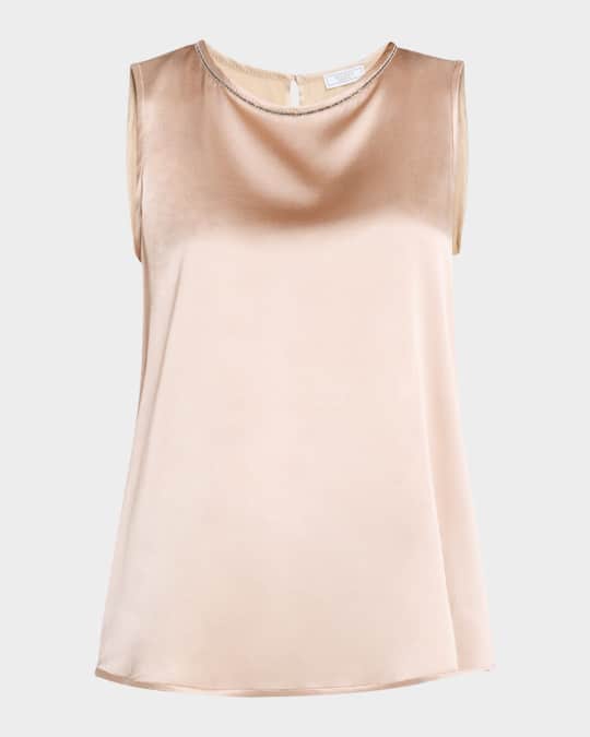Sleeveless Beaded Silk Satin Blouse