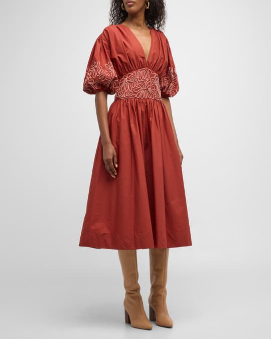 embroidered cotton poplin ruched dress 100% Organic Cotton Poplin Embroidered Tiered Maxi Dress in Navy