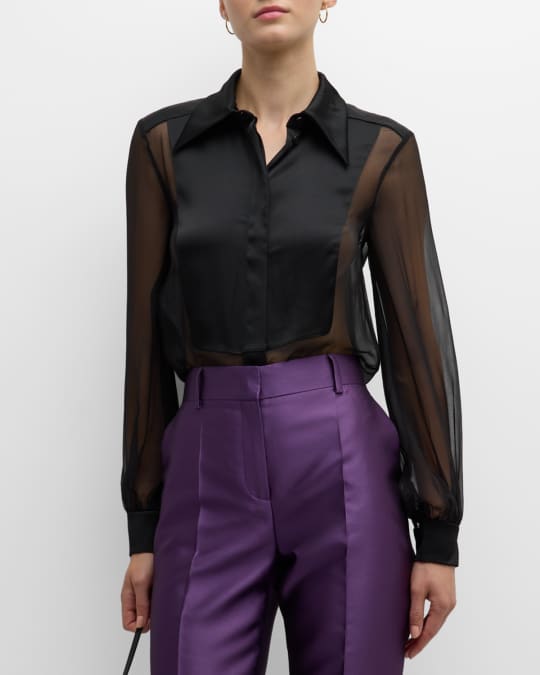 Alberta Ferretti Satin BibFront Chiffon Collared Blouse Neiman Marcus