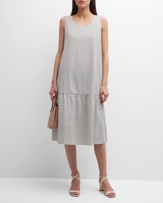 Petite Scoop Neck Seersucker Flounce Midi Dress