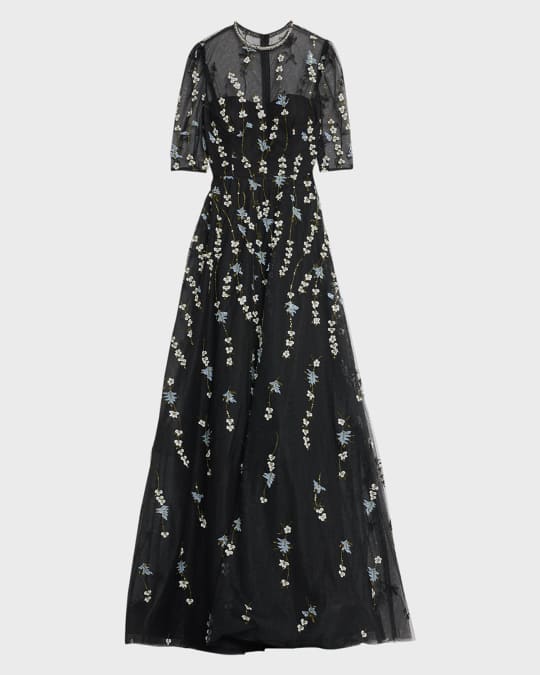 Rickie Freeman for Teri Jon Beaded Floral Appliqu Illusion A Line
