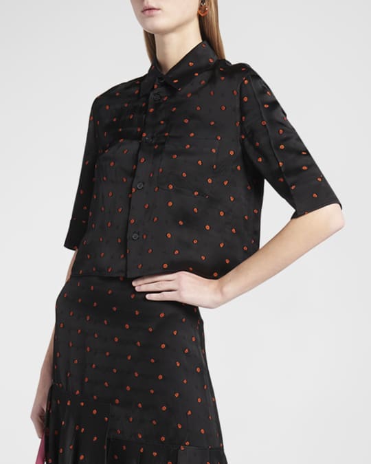 Rose-Embroidered Crop Button Down Shirt