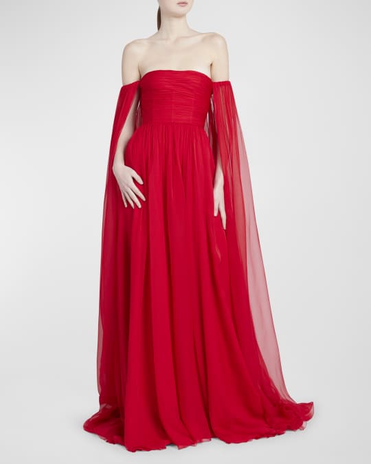 Valentino Garavani Off-Shoulder Chiffon Gown with Cape Back | Neiman Marcus