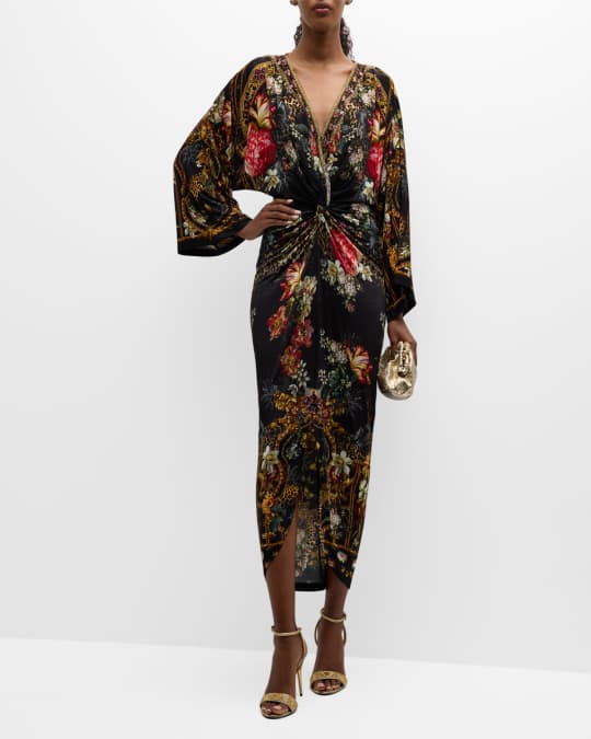 Camilla Long Split Front-Twist Floral Jersey Dress | Neiman Marcus