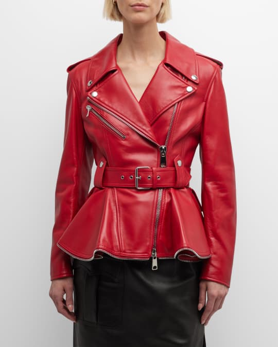 Alexander McQueen Belted Peplum Leather Biker Jacket Neiman Marcus