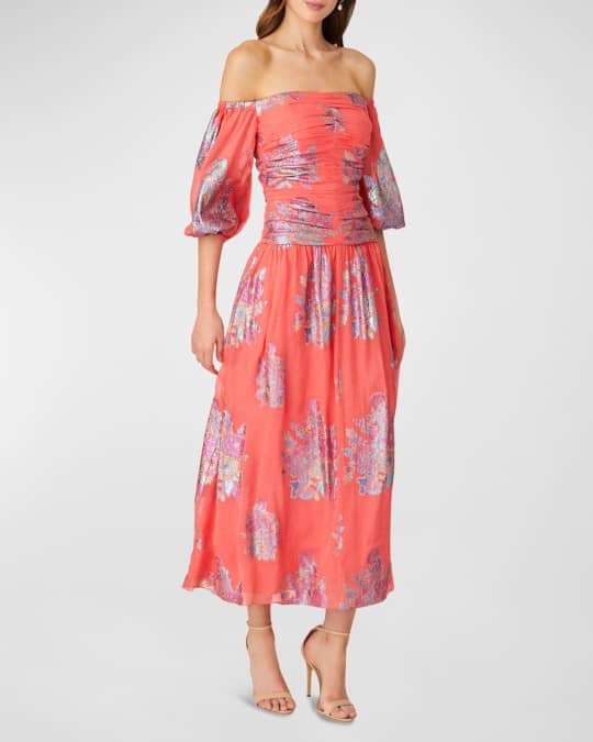 Shoshanna Ruched Off-Shoulder Floral Chiffon Midi Dress | Neiman Marcus