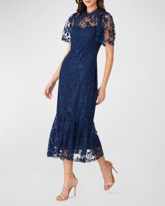 Shoshanna Embroidered Mesh Flounce Midi Dress | Neiman Marcus