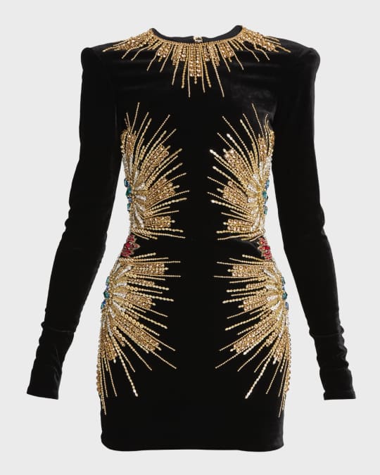 Embroidered Velvet Long Sleeve Mini Dress