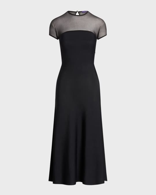 Ralph Lauren Collection A-line Midi Dress with Mesh Detail | Neiman Marcus