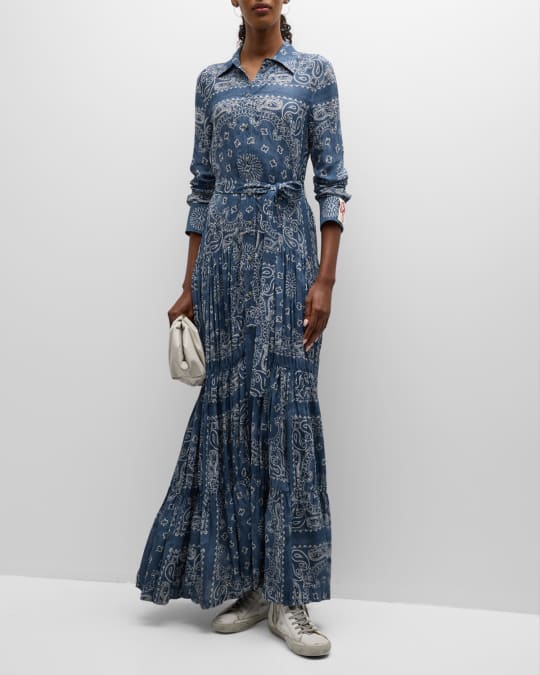 Golden Goose Golden Paisley Long-Sleeve Pleated Maxi Dress