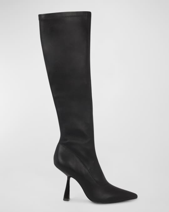Black Suede Studio Stretch Leather Point-Toe Knee Boots Neiman
