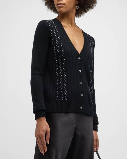 Neiman Marcus Cashmere Collection Cashmere Cable Knit Cardigan with Pearlescent Detail Neiman Marcus