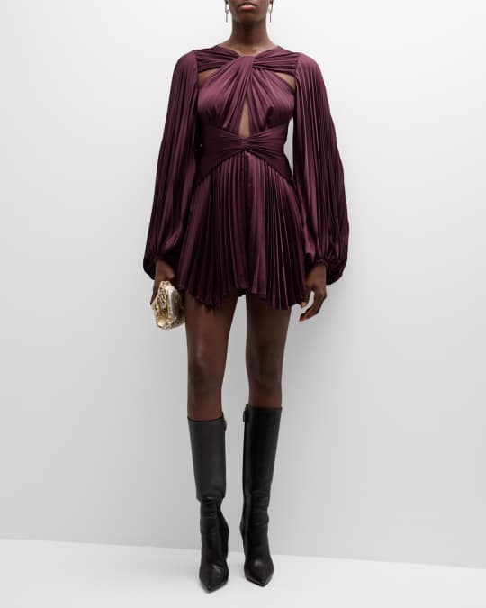 Acler Columbus Long-Sleeve Pleated A-Line Mini Dress | Neiman Marcus