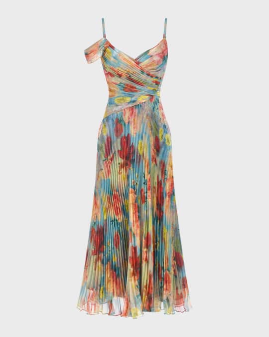 Vienna Pleated Floral Print Shimmer Midi Dress