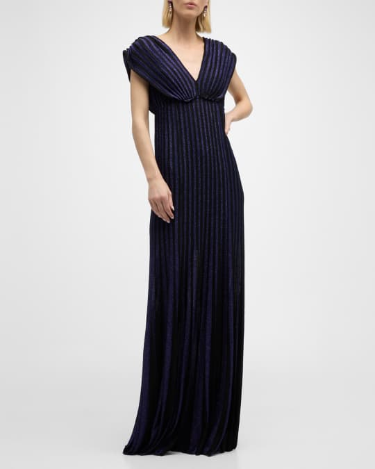 St. John Sunray Metallic Pleated Knit Empire-Waist Gown | Neiman Marcus