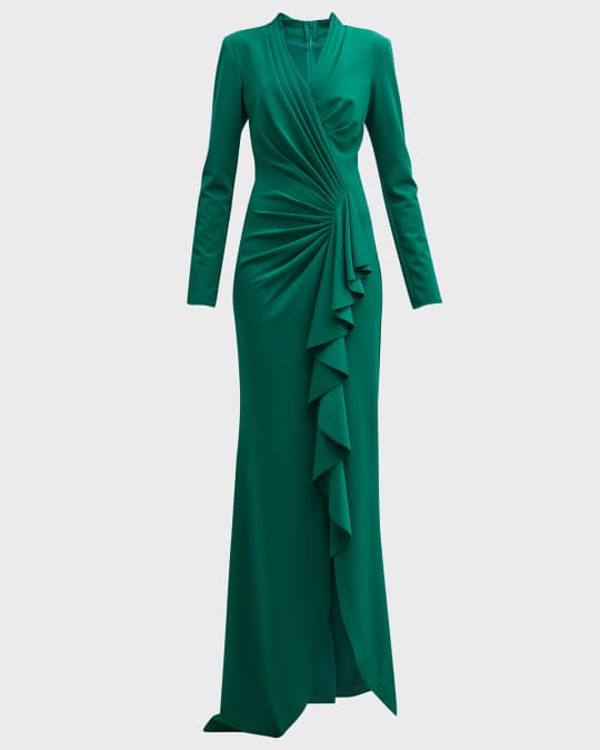 Pleated Long-Sleeve Ruffle Crepe Gown