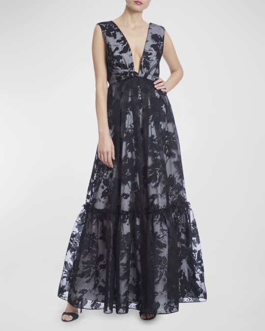 One33 Social Floral-Print Deep V-Neck Organza Gown | Neiman Marcus
