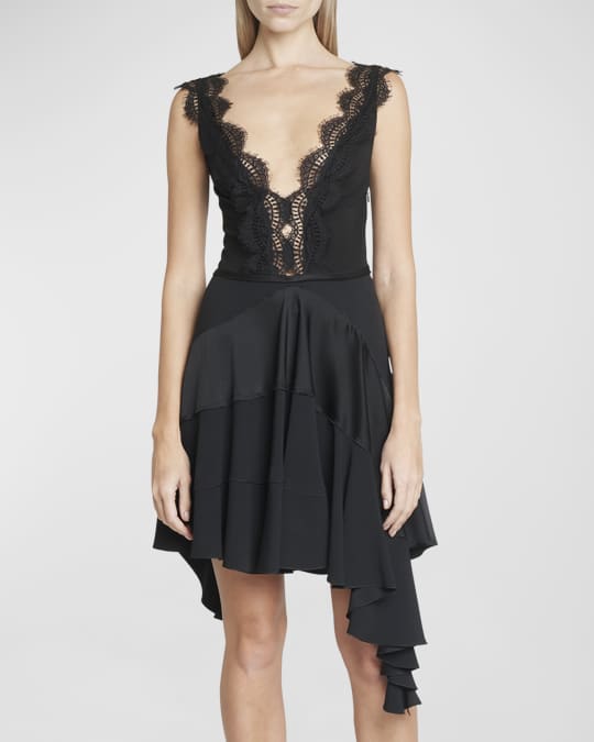 Dropped Ruffle Mini Dress with Lace Detail