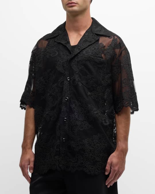 Simone Rocha Men's Relaxed Corded Lace Camp Shirt | Neiman Marcus