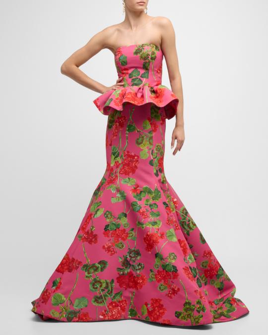 oscar de la renta peplum dress Oscar de la Renta Red/Black Floral Print Sleeveless Peplum Tail Dress