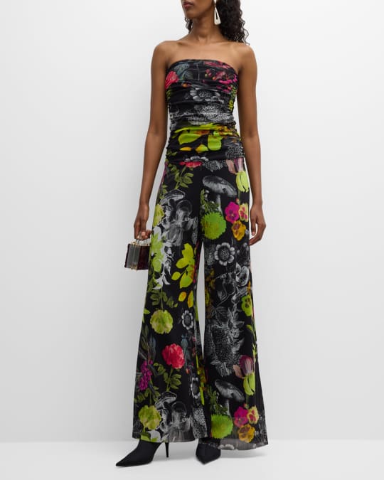 Strapless Botanical Print Tulle Jumpsuit