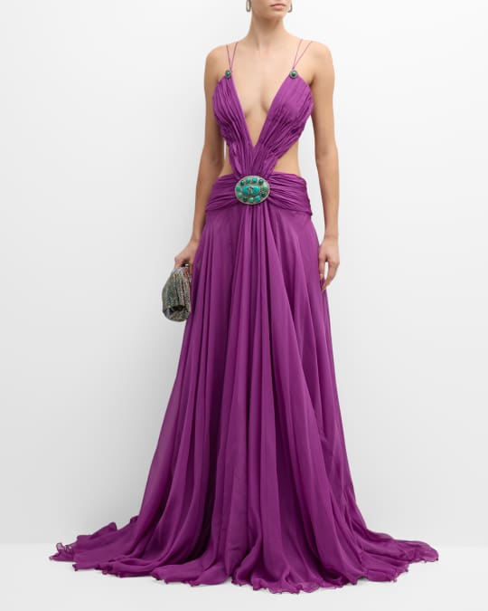 Roberto Cavalli Plunging Cutout Slit-Hem Chiffon Gown | Neiman Marcus