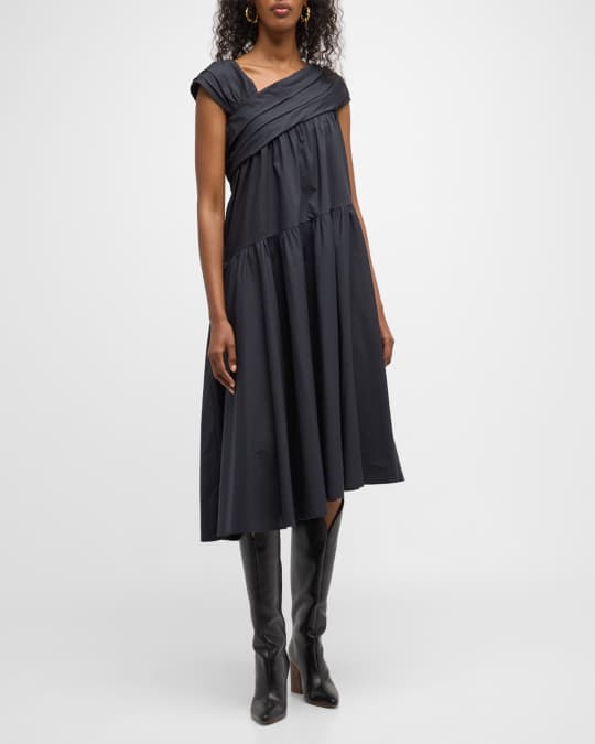 Merlette Crane Pleated Asymmetric Midi Shift Dress | Neiman Marcus