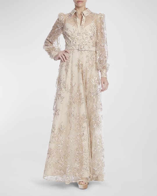 knee length dresses for ladies Long Sleeve Sequin Belted Evening Gown By BADGLEY MISCHKA – Elilhaam main image 1