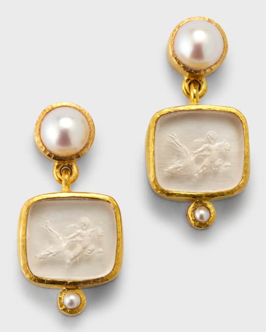 19K Pearl Swinging Putto and Goose Earrings