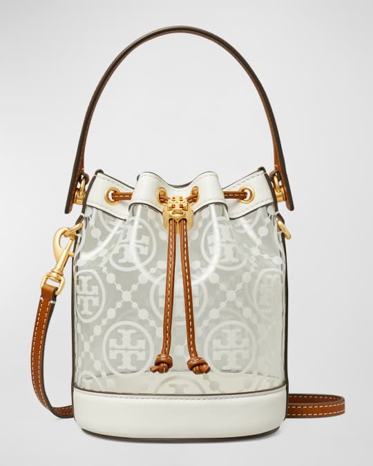 Tory Burch Mini T Monogram-Embossed Metallic Bucket Bag Silver