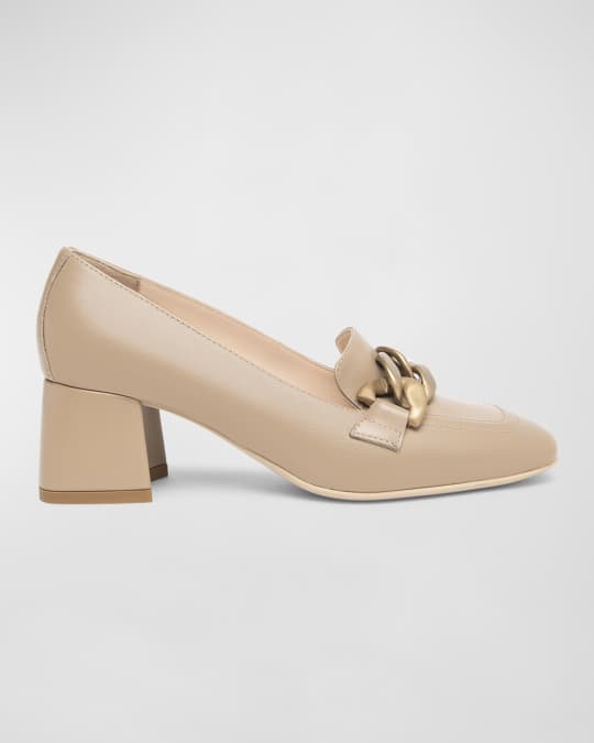 Leather Chain Heeled Loafer Pumps