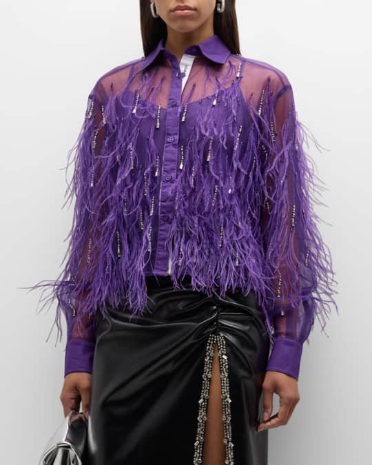 Des Phemmes Feather Embellished Tulle Shirt | Neiman Marcus