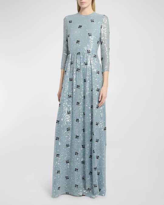 Floral Sequin 3 4 Sleeve Fit Flare Gown