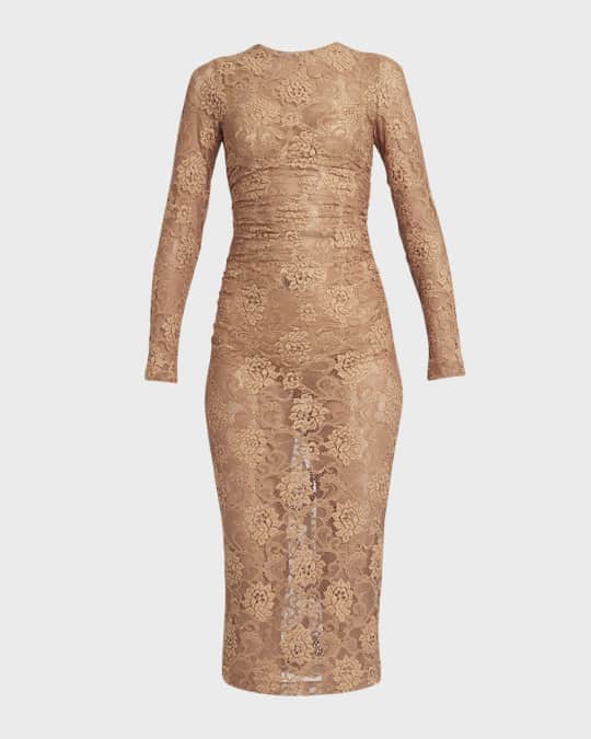 slim fit dress slacks Mac Duggal Women's Beaded Mesh Fitted Midi Dress with Sheer Panels - Tan/Beige - Size 8 main image 0