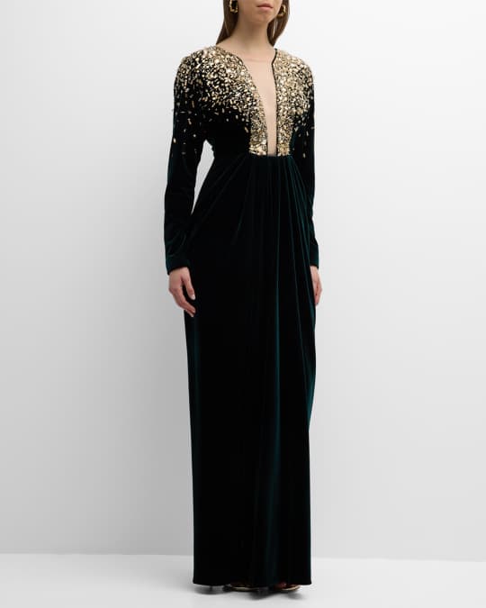 Draped Velvet Gown with Crystal Embroidered Neckline