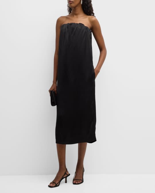 Gathered Strapless Midi Shift Dress
