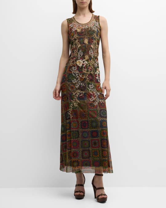 Johnny Was Bitola Patchwork-Print Embroidered Maxi Dress | Neiman Marcus