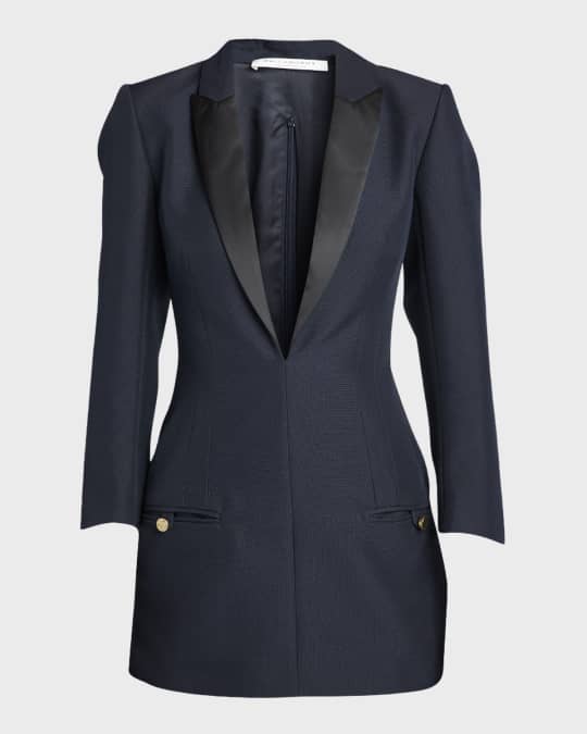 knee length dresses for ladies JUDE SHAWL LAPEL LONG SLEEVE FRONT PLEAT BUTTON DETAIL SATIN BLAZER MINI  DRESS main image 1