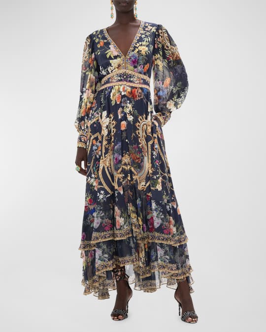 Long Button Front Tiered Silk Dress