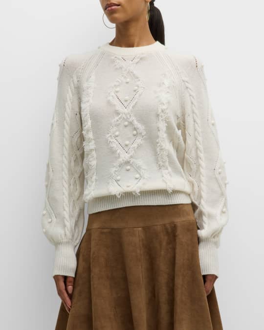 Autumn Cashmere Fringe Trim Cable Knit Popcorn Sweater Neiman Marcus