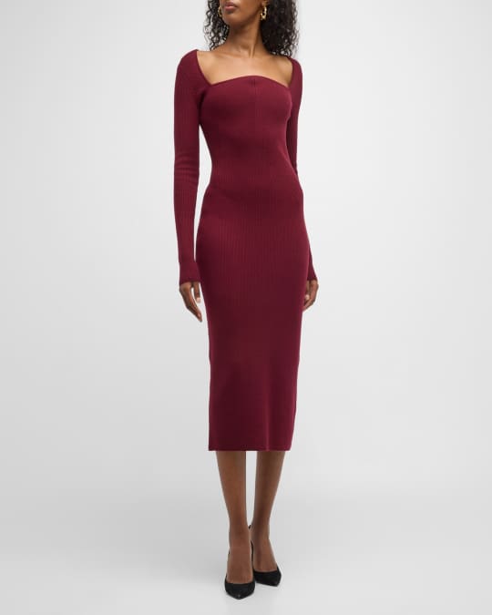 Jason Wu Ribbed Knit Curved-Neck Midi Dress | Neiman Marcus