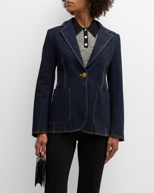 Tory Burch Single Button Denim Blazer Neiman Marcus
