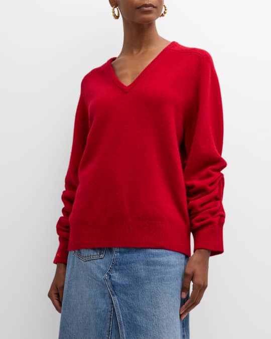 Ruched Sleeve V Neck Wool Sweater