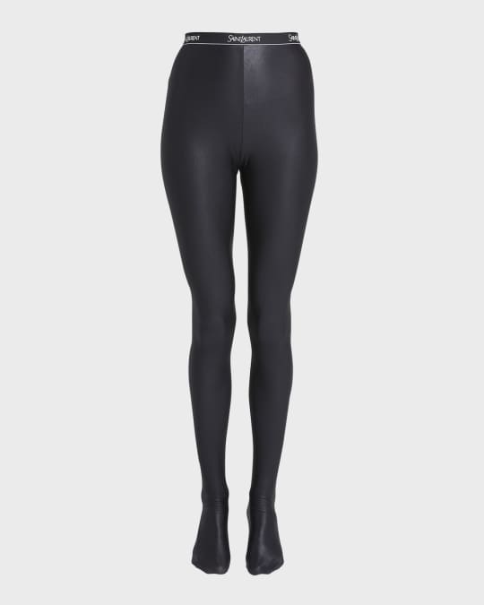 Saint Laurent Shiny Footed Leggings with Logo Band Neiman Marcus