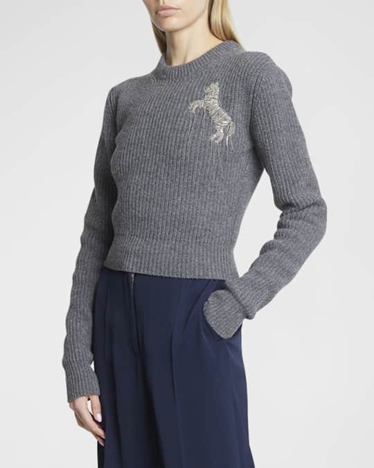 Stella McCartney Wool Knit Sweater with Embroidered Chain Horse Neiman Marcus