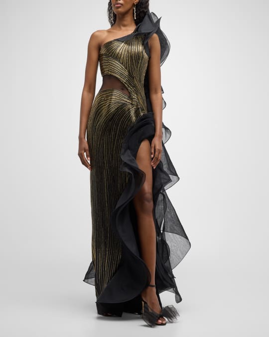Spiraling Ruffle Cutout Beaded Gown