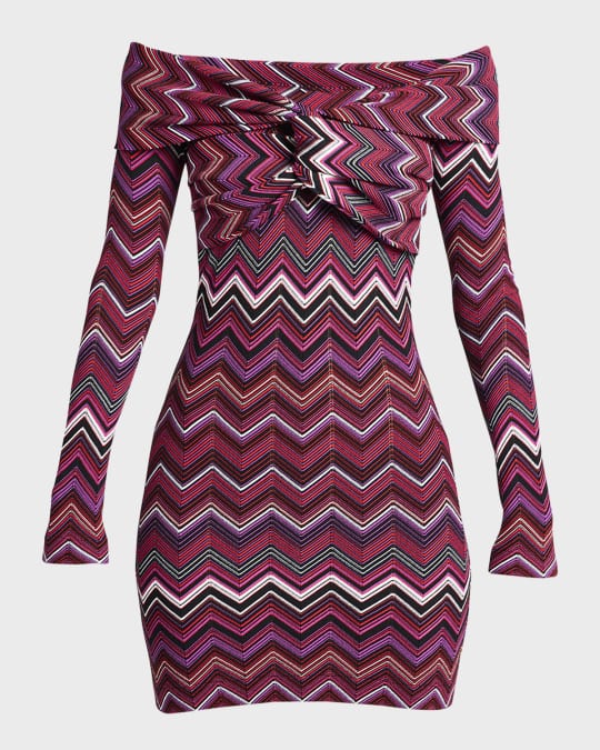 Missoni Chevron Twisted Off-The-Shoulder Long-Sleeve Mini Dress
