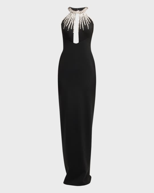 Beaded Halter Cutout Crepe Column Gown
